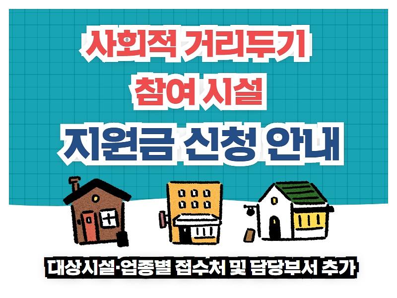 사회적 거리두기 참여시설 지원금 신청안내(대상시설·업종별 접수처 및 담당부서 추가) 사진